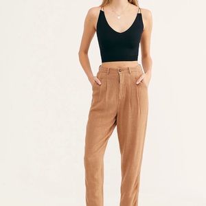 Free People Tan Linen Pleated Trousers